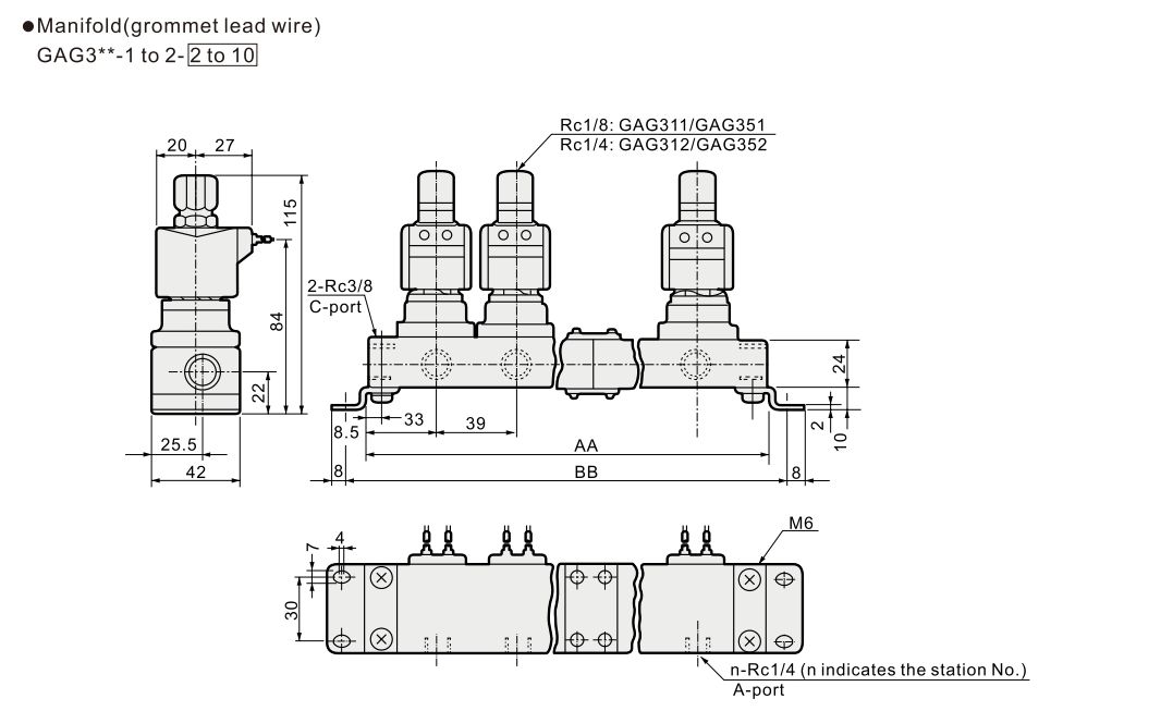 Dimensión de la válvula solenoide de 3 puertos GAG